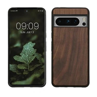 Afbeelding van kwmobile telefoonhoesje geschikt voor Google Pixel 8 Pro Hoesje met bumper in donkerbruin Backcover walnoothout