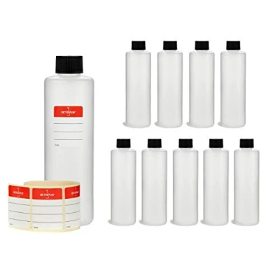 Afbeelding van Octopus 10 x 250 ml HDPE kunststof flessen met zwarte schroefdoppen, lege schroefdeksels, ronde incl. etiketten