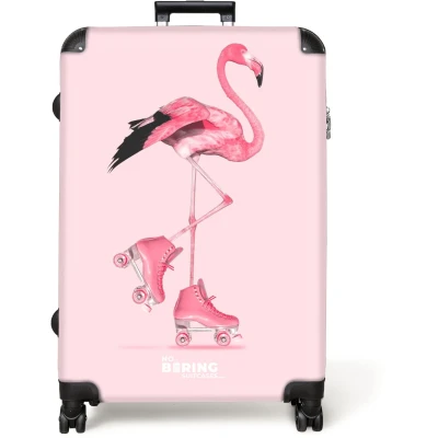 Afbeelding van NoBoringSuitcases.com® Koffer groot Reiskoffer lichtgewicht Flamingo met roze rolschaatsen Rolkoffer 4 wielen Grote trolley XL 98 liter bagage