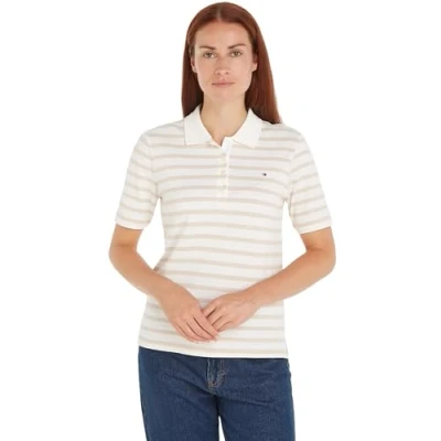 Afbeelding van Tommy Hilfiger Dames 1985 REG Pique Stripe Polo SS S/S Polo, Breton STP/Ecru/Classic Beige, L, Bretonse Stp/Ecru/Klassiek L