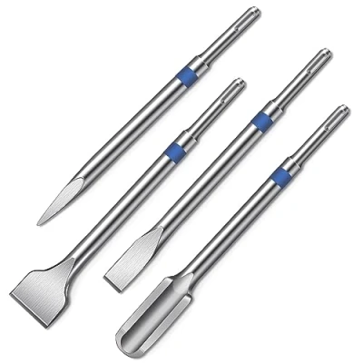 Afbeelding van HYCHIKA SDS Plus beitelset 4 delige set bestaande uit 40 mm tegelbeitel, 20 platte beitel, 25 kanaalbeitel en puntbeitel, extreem robuuste beitel voor tegels, beton, steen, metselwerk