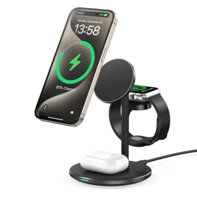Afbeelding van Mag Safe laadstation voor iPhone 15, 14,3 in 1 inductief meerdere apparaten, oplader iWatch Ultra 2/1/Series 9, AirPods, zwart