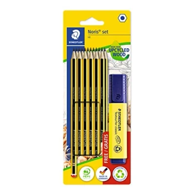 Afbeelding van STAEDTLER Potloodset Noris, gemaakt van upcycled hout, 12 potloden, hardheid HB, gele teksturfer klassieke markeerstift, 120 BK12P1