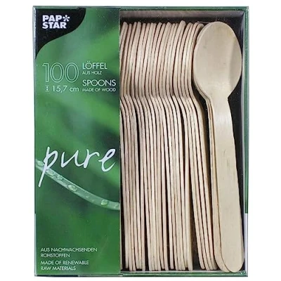 Afbeelding van Papstar Houten lepel/wegwerplepel &quot;pure&quot; (100 stuks) lengte 15,7 cm van natuurlijk licht berkenhout voor barbecuefeesten of verjaardagen, stabiel wegwerpservies, biologisch afbreekbaar, #18249