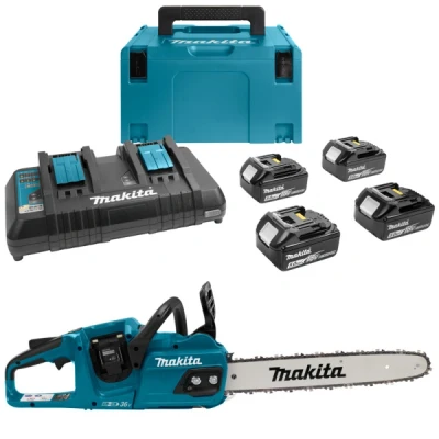 Afbeelding van Makita DUC405PT4J 2x18 V Kettingzaag 40 cm 5,0 ah accu (4 st), duo snellader, in doos/mbox