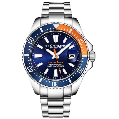 Afbeelding van Stührling Depthmaster 3950A Quartz 42mm Duikhorloge Blauwe wijzerplaat / Zilveren kast roestvrijstalen armband Deployant gesp Plus