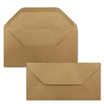 Afbeelding van enveloppen, 50 x kraftpapier, DIN lang, bruin eco, nat plakken, 11 22 cm, trapeziumsluiting, vintage van NEUSER PAPIER