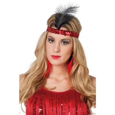 Afbeelding van Charleston Pailletten Hoofdband Rood Met zwarte Veer Verkleedaccessoires Een Stuk