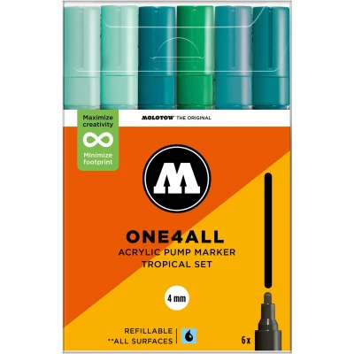 Afbeelding van Molotow One4All 227HS Acryl Marker Tropical Set (4,0 mm lijndikte, zeer dekkend en permanent, sneldrogend, navulbaar, voor bijna alle ondergronden), 6 stuks gesorteerd
