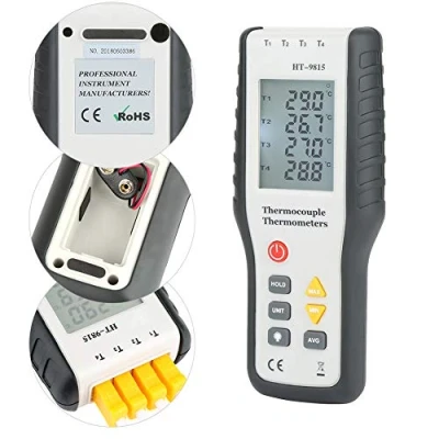 Afbeelding van digitale thermometer, F, C, K temperatuurmeter, thermokoppelsensor, 4 kanalen, digitaal lcd display met achtergrondverlichting, voor lucht en oppervlaktetemperaturen