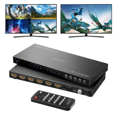 Afbeelding van PORTTA Quad multiviewer 4K HDMI switch 4x2 met Pip, Multi Viewer naadloze 4 in 2 uit Toslink, 3,5 mm audio uitgang ondersteuning 30Hz, 6 Viewing modi, downscaler