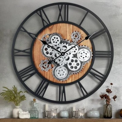Afbeelding van Lafocuse Houten Grote Industriele Zwarte Wandklok met Draaiende Tandwielen Rond 57 cm Romeinse Cijfers Decor Muurklok voor Woonkamer Slaapkamer Bar