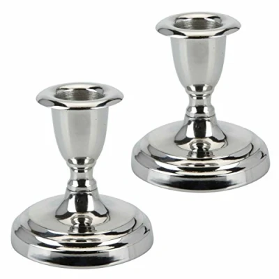 Afbeelding van Marzoon Set van 2 kandelaars in zilver metaal, hoogte 8 cm, kandelaar voor staafkaarsen met ronde voet