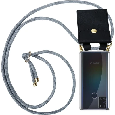 Afbeelding van Cadorabo Hoesje geschikt voor Samsung Galaxy A21s in ZILVER GRIJS Silicone Mobiele telefoon ketting beschermhoes met gouden ringen, koordriem en afneembare etui