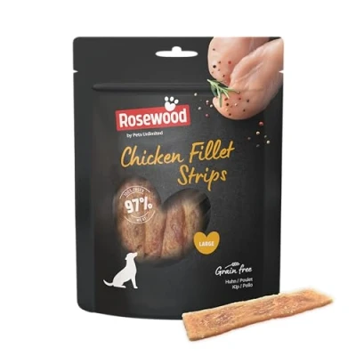Afbeelding van Rosewood Grote Kipfilet Strips Zachte Snack voor Honden, 97% Kip, Hoog in Eiwitten, Laag Vet, Graan en Glutenvrij, 150 g