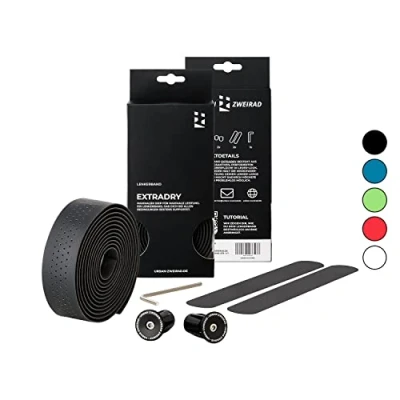 Afbeelding van URBAN ZWEIRAD Premium Extra Dry fiets stuurband racefiets grip tape zelfklevend incl. aluminium stuurstop graveren, (zwart)