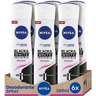 Afbeelding van NIVEA Black &amp; White Invisible Original Spray in 6 pack (6 x 200 ml) deodorant vlekken damesverzorging onzichtbare ter bescherming van huid en kleding