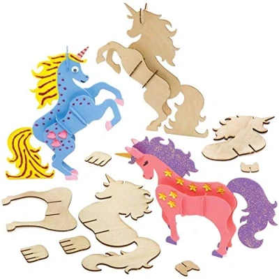 Afbeelding van Baker Ross FE265 Sets Met houten Eenhoorns Set van 4, knutselsets voor kinderen om te versieren en laten zien, educatieve activiteit