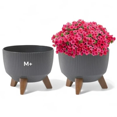 Afbeelding van Bloempot schaal met poten, inzetstuk, kruidenpot, plantenbak, eco gerecycled, antraciet, M + 33 cm