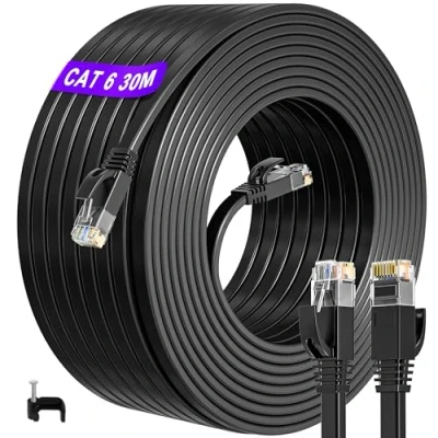 Afbeelding van ikbc Ethernet Kabel 30 m, Cat 6 Netwerkkabel 30m Hoge Snelheid Internet Kabel, Zwart 1000Mbps 250MHz RJ45 Gigabit LAN Plat Patch voor Router (30 Clips)