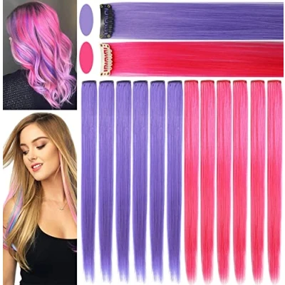 Afbeelding van JCHDWSGUO 10 stuks gekleurde haarextensies 21 inch hittebestendige synthetische rechte Clip in meisjes Dames Holiday Party Haarhoogtepunten (lavendel, roze)