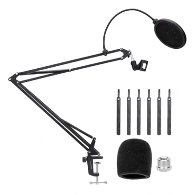 Afbeelding van Amazon Basics Verstelbaar microfoonstatief, met popfilter en schuimrubberen windscherm, tafelklem, 360 draaibaar, compatibel Blue Yeti, Snowball, HyperX, 48,2 cm (19 inch), zwart