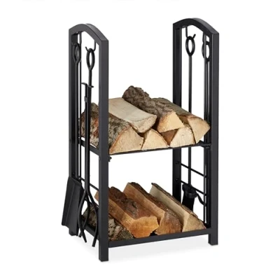 Afbeelding van Relaxdays brandhoutrek met haardstel vierdelig houtopslag zwart haardhout opslag
