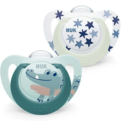 Afbeelding van Nuk Star Night &amp; Day Babyfopspeen, 6 18 maanden, fosforescerende fopspenen, BPA vrije siliconen, groene krokodil, 2 stuks