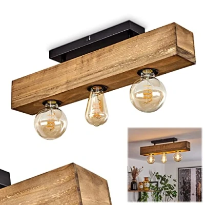 Afbeelding van plafondlamp Berat, langwerpige van metaal/hout in zwart/donkerbruin, moderne lamp met houten balk, 3 lampen, x E27, zonder gloeilamp