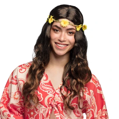 Afbeelding van Boland Pruik Joy zwart/bruin Bruin Golvend Lang Vrouwen Hippie 60&#039;s &amp; 70&#039;s Flower Power