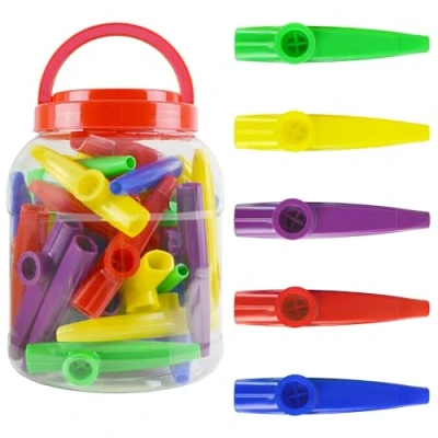 Afbeelding van A Star plastic meerkleurige Kazoos pak van 40 stuks in bak met handvat
