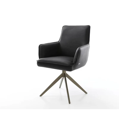 Afbeelding van Eetkamerstoel Heira Flex met armleuning kruisframe breed afwerking titaniumeffect echt leer zwart pocketveer kern 360 draaibaar