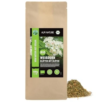 Afbeelding van Alpi Nature Organic Hawthorn Tea (500G) biologische witte doornblaadjes met bloemen meidoorn uit wilde collectie en doorn thee georganiseerd biologisch grazen 100% zacht gedroogde achterste