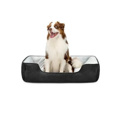 Afbeelding van lionto 2 in 1 Hondenbed met comfortabele Instap, Knus Huisdierenbed omkeerbaar voor Honden en Katten, (L) 110x80 cm, Hondenkussen Onderhoudsvriendelijke Suède Look, Zwart/Grijs