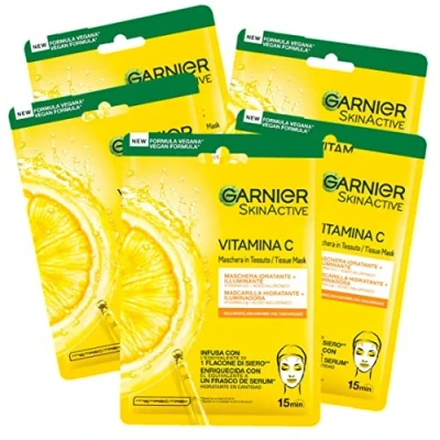 Afbeelding van Garnier Skin Active Hydra Bomb Stofmasker, hydraterend en lichtend, met vitamine C hyaluronzuur, voor een vale oneffen huid, verpakking van 5 stuks