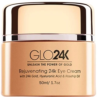 Afbeelding van GLO24K oogcrme met 24 karaats goud, anti aging formule vitamines, hyaluronzuur, rozenbottelolie