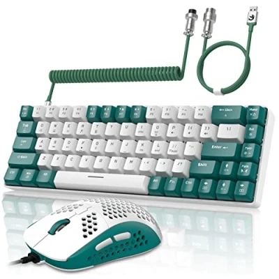 Afbeelding van YINDIAO T8 60% RGB Gaming Toetsenbord en Muis Combinaties + Opgerolde USB C Kabel,Bedraad Mechanisch Toetsenbord,68 Toetsen,US Layout,Compacte,Honingraat Muis,Tot 6400 DPI,voor PC,MAC Groente