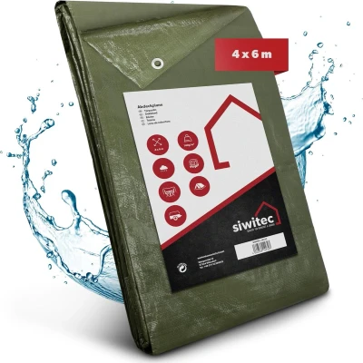 Afbeelding van siwitec Afdekzeil, 140 g/m², 4 x 6 m, zeildoek met ogen en versterkte hoeken, beschermzeil, zeil, houten waterdicht