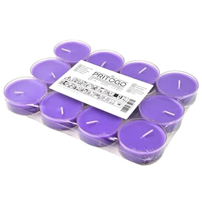 Afbeelding van Pritogo Maxi geurtheelichtjes (12 stuks lila lavendel) kunststof hoes 4 uur brandtijd theelichtjes XXL Ø 5,8 x 2,3 cm