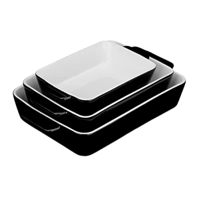 Afbeelding van Relaxdays ovenschaal set van 3, rechthoekig, keramiek, mogen in de vaatwasser, voor lasagne, gratin &amp; meer, zwart/wit