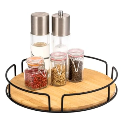 Afbeelding van eluno Lazy Susan Draaiplateau van metaal met bamboebodem Ø ca. 30 cm, draaibaar kruidenrek, kastorganizer (zwart)