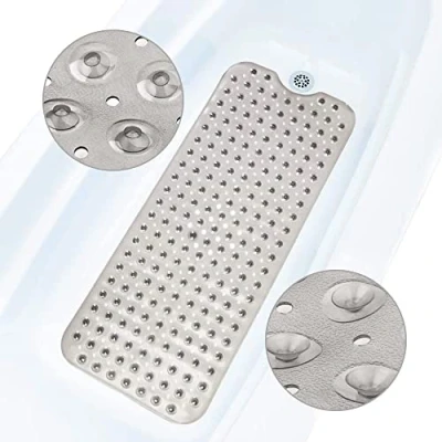Afbeelding van ADOV Douchemat, 100 x 40 cm Extra Lange Badmat Antislip met 200 Sterk Zuignappen en Afvoergaten, Antibacterieel Machinewasbaar Schimmelbestendig Badkamermat, Badkuipmat voor Kinderen, Ouderen Grijs