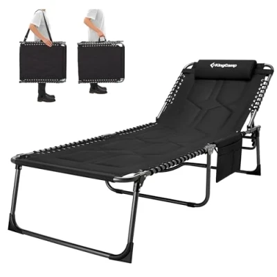 Afbeelding van KingCamp Oversize gewatteerde ligstoel 4 positie verstelbare 78 x 27 inch tuin lounge stoel voor zware mensen opvouwbaar kampbed met kussen, belasting 300 pond camping terras zwembad binnen buiten