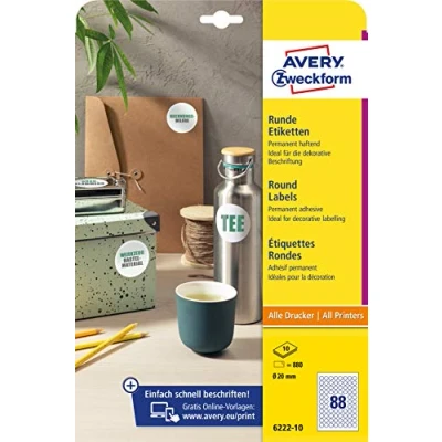 Afbeelding van AVERY Zweckform 6222 10 ronde etiketten (880 plakpunten, Ø 20 mm op A4, stickers om te printen, zelfklevende productetiketten, permanent hechtende jametiketten), vellen, wit
