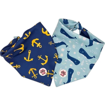 Afbeelding van Bandana Hond Dubbelzijdige Hondenbandana Blauw Ankers Walvissen All Paws on Deck Paw My God! Maat L