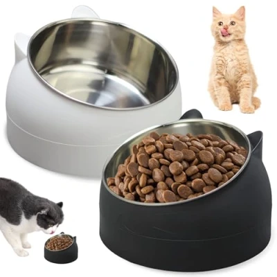 Afbeelding van 2 x kattenbak van roestvrij staal, voerbak kat, voor katten 15 hellende verhoogde kattenvoerbak, voederbak en honden, roestvrijstalen bak, 400 ml