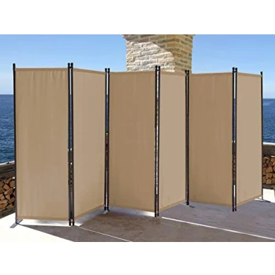 Afbeelding van QUICK STAR Paravent 6 delig 340x165cm stof kamerverdeler tuin scheidingswand balkon ondoorzichtig wand opvouwbaar zand