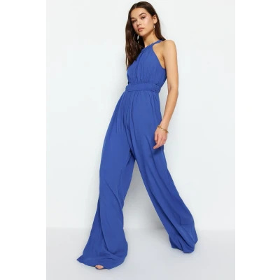 Afbeelding van Trendyol Indigo Maxi Geweven Jumpsuit Met Wijde Pijpen En Verzameld Tailledetail Twoss23Tu00121