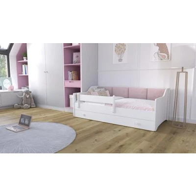 Afbeelding van KOBI Kinderbed Eryk wit 160x80 gevoerde platen lade, matras, reling voor de kinderkamer een meisje jongen (roze panelen)