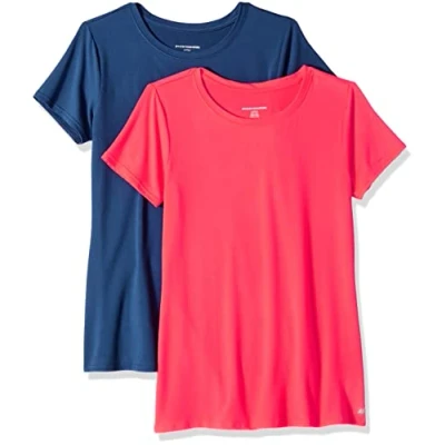 Afbeelding van Amazon Essentials Dames Tech Stretch T shirt met korte mouwen en ronde hals (verkrijgbaar in grote maten), 2 Pack, Helderroze/Marineblauw, XXL